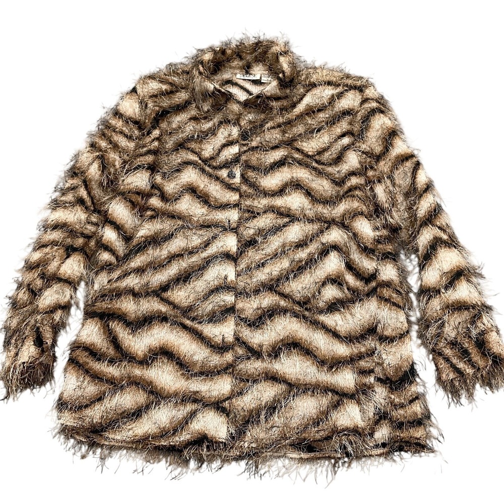 Selene‎ Sport Shacket Women Large Brown Tiger Stripe Eyelash Fringe Shirt VTG